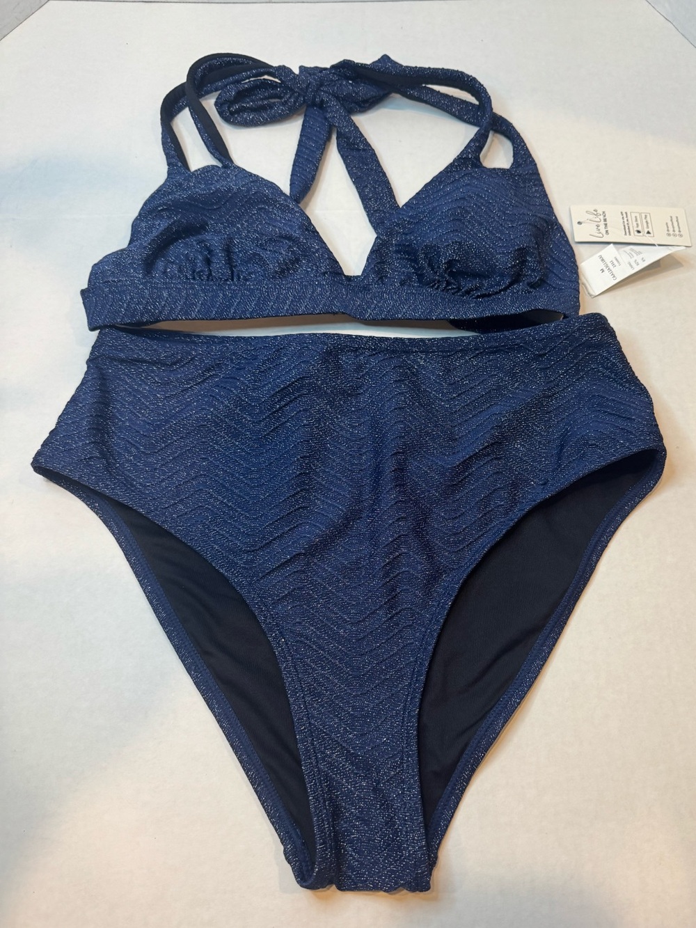 NWT Cupshe Navy Blue Golden Ripples Textured Halter Bikini High Waisted Set Med.